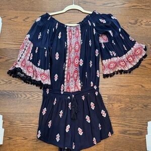 Anthropologie Navy Blue Floral Off-Shoulder Romper